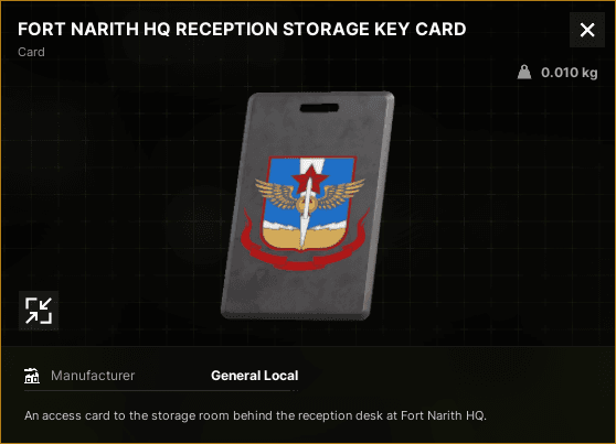 Fort Narith HQ Reception Storage Key Card